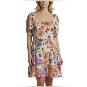 Express Floral Spring Meadow Tiered Cotton Blend Mini Dress with Smocked Back XL